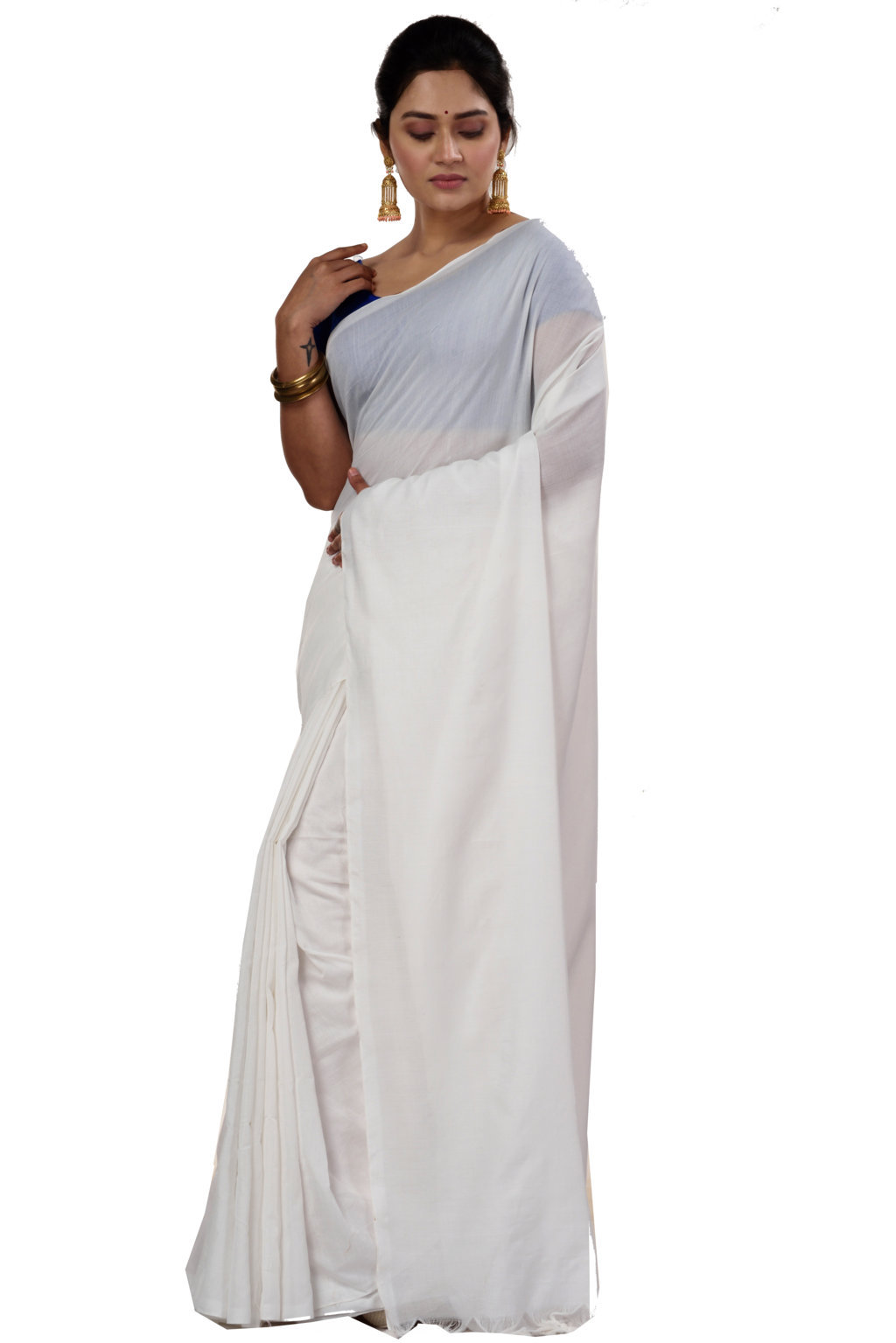 White Pure Cotton ThanKhadi Hand Loom Saree (446)